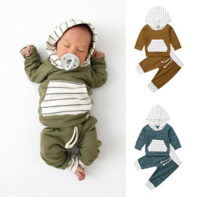 

US Newborn Baby Boy Girl Striped Hooded Top Long Pants Outfit Sweatshirt Clothes