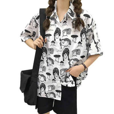 

Fashion Character Girl Printed Blouse Women Graffiti Blouses Streetwear Short Sleeve Turn Down Collar Loose Shirt Women Tops