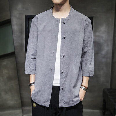 

Tailored Mens Summer Vintage Casual Pure Color Linen Three Quarter Sleeve Shirts Tops