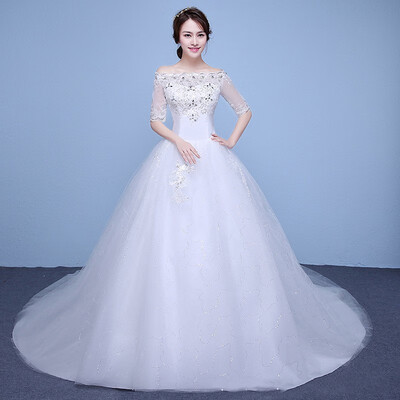 

Elegant Boat Neck Wedding Dress Half Sleeve Ball Gown Lace Embroidery Diamond Bridal Wedding Dresses Plus Size