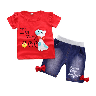 

2Pcs Children Sets Summer Girls T-shirt Shorts Set Cute Cartoon Dogs Print Casual T-shirt Denim Pant Girls Clothes Set Summer