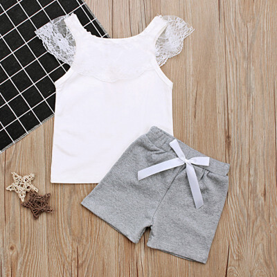 

Europe United States Style Summer Children Girls Lace O Neck Sleeveless Shirt Bow shorts Two Pieces Baby Clothing Set