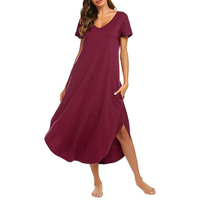 

New Women Sexy Pajamas Cotton Solid Color V Neck Short Sleeve Nightdress Lingerie Home Clothing