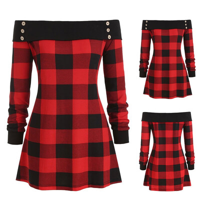 

Gobestart Womens Shoulder Long Sleeve Irregular Hem Plaid Button Tartan Tunic Tops
