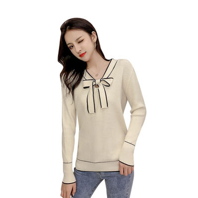

Loose All-match V-neck Long-sleeved Womens Knit Pullover Fashion Sweet Bow Decoration Solid Color Sweater