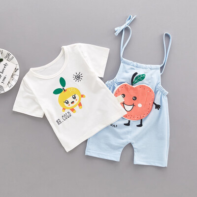 

Children Summer Boys Girls Clothing Set Cartoon Apple Print Short Sleeve Round Collar Casual T-shirtBib Pants