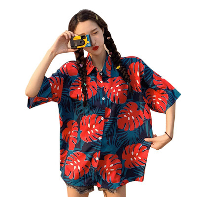

Fashion streetwear women shirt personality Full Printing short sleeve summer floral rapper harajuku loose hawaiian korean shirts