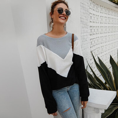 

Fashion Women Autumn Splicing Knitted Sweater O Neck Long Sleeve Loose Casual Sweet Pullover Knitwear