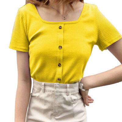 

Spring Autumn Women Solid Color Square Neck Short Sleeve Buttons Knitted T-Shirt