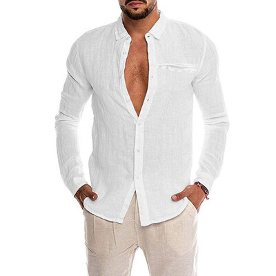

Toponeto Mens Loose Cotton Blend Solid Color Button Pocket Long Sleeve Shirt Tops Blouse