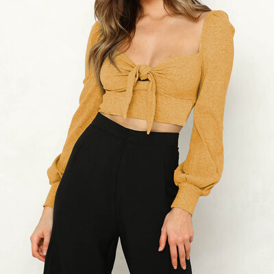 

V-Neck Sexy Knitted Sweater New Women&39S Wear Tie Bare Umbilical Long Sleeves