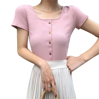 

Spring Autumn Women Solid Color Square Neck Short Sleeve Buttons Knitted T-Shirt