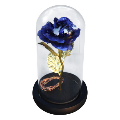 

Artificial Gold Foil Rose Flower&LED Light String In Glass Dome On Wooden Base The Best Gift For Women