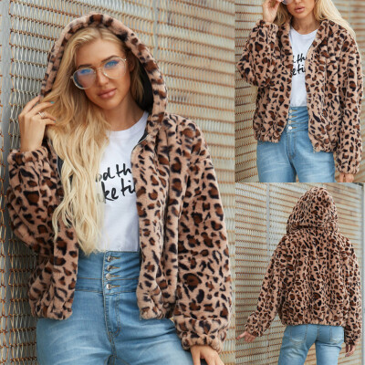 

Toponeto Womens Ladies Warm Faux Fur Coat Jacket Leopard Hooded Outerwear