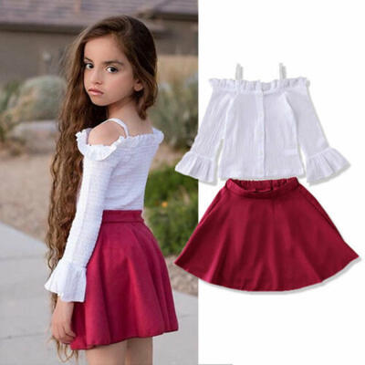

US Newborn Baby Girl Kid Sling Off Shoulde Tops Ruffle Skirt Cotton Clothes 2PCS