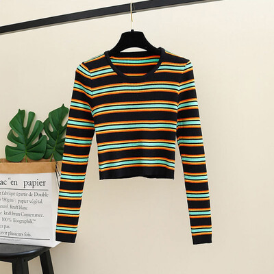 

Womens Knitted Sweater 2019 Autumn Stripe Slim Pullover Ladies Korean Slim Winter Bottoming Knitwear Vintage Jumper Pull Femme