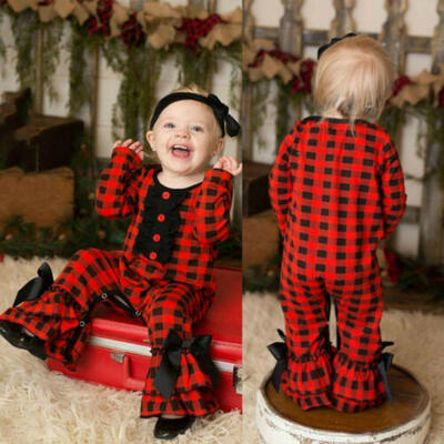 

Newborn Baby Girl Christmas Costume Plaid RomperHeadband Clothes 2pcs Outfits