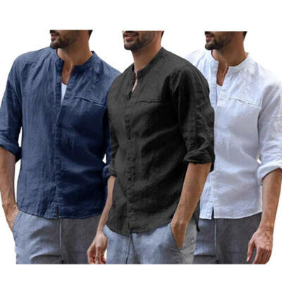 

Men Linen Long Sleeve Summer Fall Solid Shirts Casual Loose Dress Soft Tops Tee