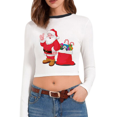 

Christmas T-shirt Santa Claus Christmas Tree Print Multiple Choices Long-Sleeve Cropped tshirt New Hot Women Clothes