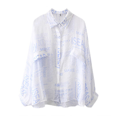 

Women Fashion Letters Printed Chiffon Shirts Summer Sunscreen Casual Tops Turn Down Collar Long Sleeve Blouse Shirt