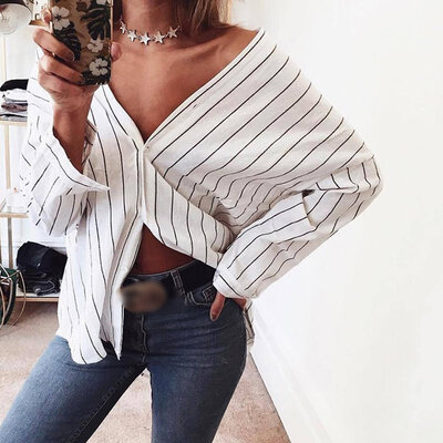

Women Bohemian V-neck Summer Sweet Full Sleeve Loose Casual Striped Print Blouse