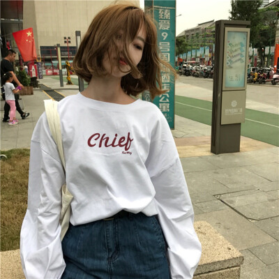 

Women Letter Print Loose T Shirt White Long Sleeve O-Neck Autumn Oversize Casual Korea Tee Shirt