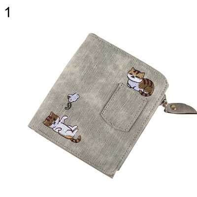 

Cartoon Cat Embroidery Bifold Purse Card Cash Holder Women Faux Leather Wallet