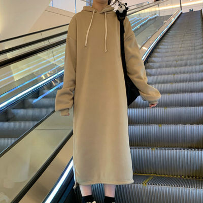 

Women Hooded Dress 2019 Autumn Winter Sweatshirts Long Sleeve Hoodies Solid Loose Hoody Pullovers Long Dress