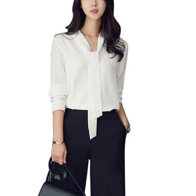 

EFINNY New Autumn Women Blusas Long Sleeve Elegant Chiffon Blouse Loose Ladies Office Shirt Bow Tie Top Plus Size