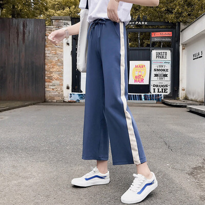

Women Fashion Side Striped Wide Leg Pants Female High Waist Summer Loose Long Pants Ladies Straight Sports Casual Trousers