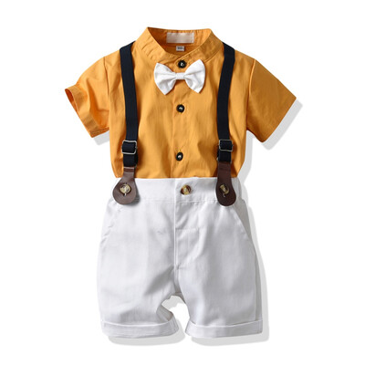

0-4Y Lapel Cotton Summer Casual Baby Boy Set Gentleman Shirt With Bow Tie And Suspender Pants Kit Kids Overalls