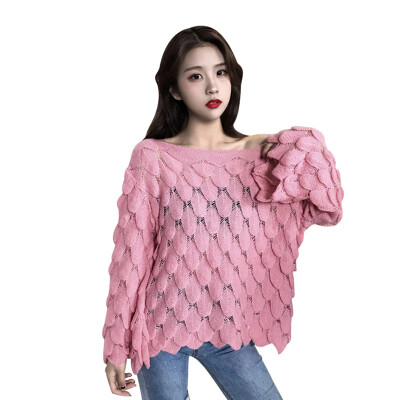 

Autumn Korean Style Womens Solid Sexy Hollow Out Sweater Loose Casual Flare Sleeves Thin Knit Pullover Hot