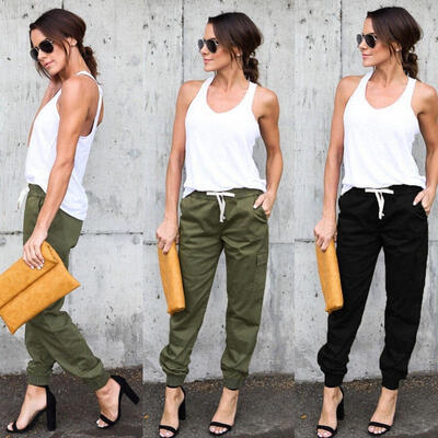 

Fashion Womens Pants High Waist Leggings Elastic Drawstring Side Overall Casual Trousers