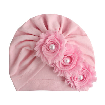 

2019 Hot Sale Summer New Cute Baby Girl Hat Comfortable Breathable Solid Color With Flower Pearl Candy Color Turban Elastic Cap