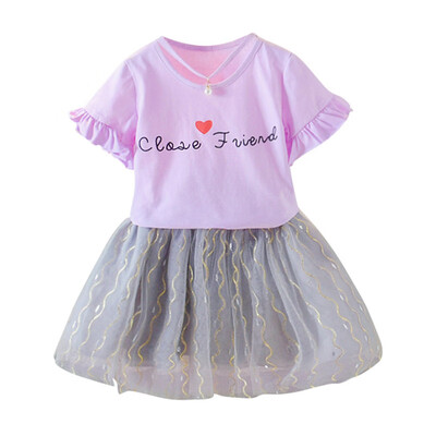 

Kids Girls Casual Short Sleeve Costume Set Summer Letter Print T-shirtMesh Skirts Suits 2Pcs Princess Dress