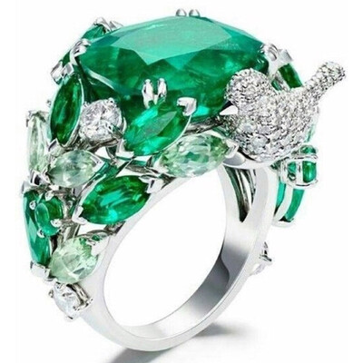 

Vintage Green Stone Ring For Women Wedding Bird Leaves Silver Ring Crystal Ring Luxury Jewelry