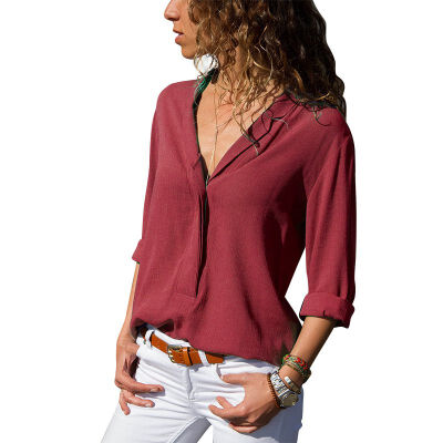 

Women Blouses 2019 Long Sleeve V-Neck Office Lady Shirt Chiffon Blouse Shirt Casual Tops Plus Size Blusas Femininas