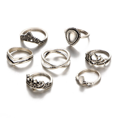 

7 Pcs Set Women Punk Vintage Knuckle Rings Tribal Ethnic Hippie Stone Joint Ring Jewelry Set Gift