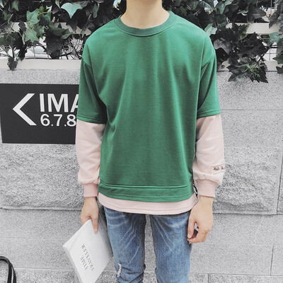 

Autumn European&American street hip hop loose old hit color stitching long sleeve round neck pullover sweater tide male jacket