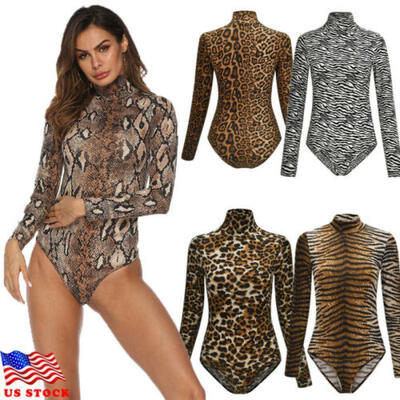 

UK Women Turtleneck Leopard Bodysuit Jumpsuit Bodycon Long Sleeve Leotard Tops