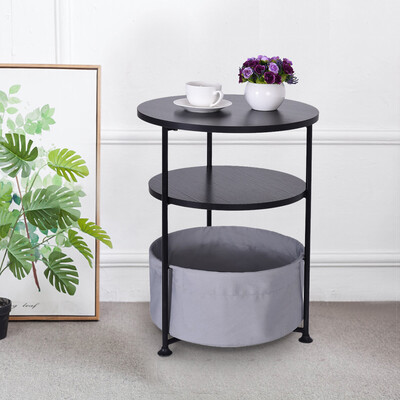 

Gobestart Round Wood Side Table With Fabric Storage Black Three Layer