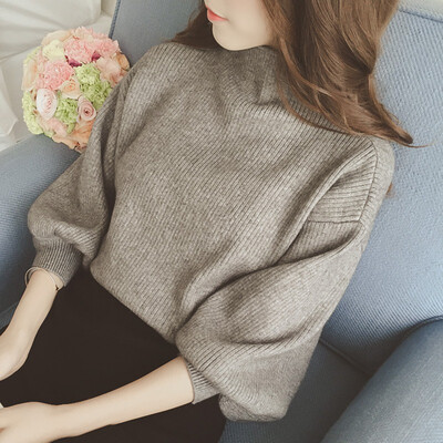 

Womens Casual Long Lantern Sleeve Loose Knitted Turtleneck Sweater Jumper Pullover Solid Tops Female Autumn New Arrival