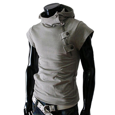 

Toponeto Summer Mens Fashion Casual Solid Color Button Zipper Hood Short Sleeve Blouse