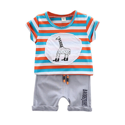 

Boys Striped Giraffe Print Short Sleeve Shorts Set Two Piece Casual Set