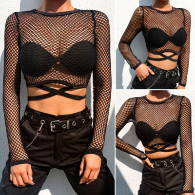 

Sexy Women Crop Tops Ladies Sheer Mesh Fishnet Long Sleeve Casual T-Shirt Blouse