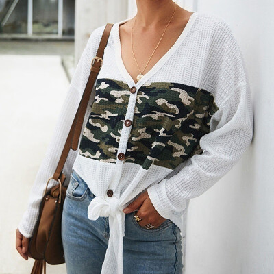 

2019 Autumn Winter Women Fashion Temperament Camouflage Printin Button V-neck Long sleeve Lacing Casual Top