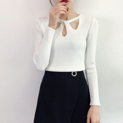 

Slim Hollow Solid Color Sweater Women Korean Style Round Neck Sweet Sweaters Female Fashion Casual Knit Pullover