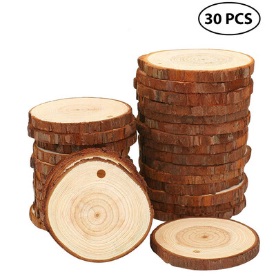 

〖Follure〗Wood Slices 30 Pcs Craft Wood Kit Unfinished Predrilled with Hole Wooden Circles
