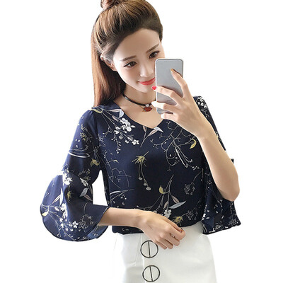 

Womens V Neck Half Flare Sleeve Floral Print Blouse Sweet Chiffon Korean Style Shirts Female Plus Size 3xl New Arrival