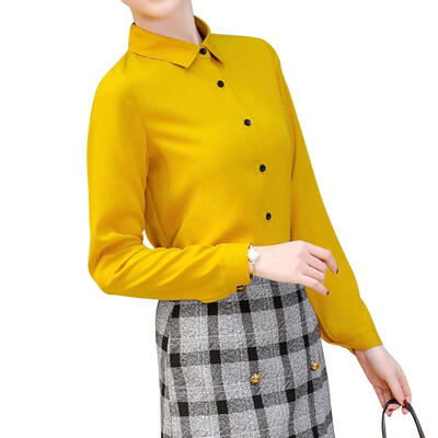 

Women Spring Summer Long Sleeve Lapel Casual Chiffon Solid Color Blouse